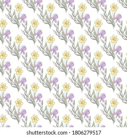 Elegant seamless pattern with iris and daffodil, design elements. Floral  pattern for invitations, cards, print, gift wrap, manufacturing, textile, fabric, wallpapers. Continuous line art style