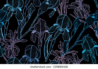 Elegant seamless pattern with iris flowers, design elements. Floral  pattern for invitations, cards, print, gift wrap, manufacturing, textile, fabric, wallpapers