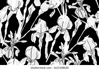 Elegant seamless pattern with iris flowers, design elements. Floral  pattern for invitations, cards, print, gift wrap, manufacturing, textile, fabric, wallpapers