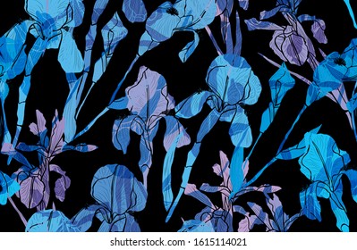 Elegant seamless pattern with iris flowers, design elements. Floral  pattern for invitations, cards, print, gift wrap, manufacturing, textile, fabric, wallpapers