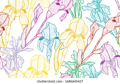 Elegant seamless pattern with iris flowers, design elements. Floral  pattern for invitations, cards, print, gift wrap, manufacturing, textile, fabric, wallpapers
