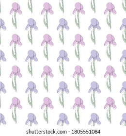 Diseño elegante y sin fisuras con flores de iris y elementos de diseño. Patrón floral para invitaciones, tarjetas, impresiones, envoltura de regalo, manufactura, textiles, tela, papel pintado. Estilo de arte de línea continuo