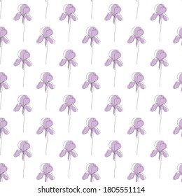 Diseño elegante y sin fisuras con flores de iris y elementos de diseño. Patrón floral para invitaciones, tarjetas, impresiones, envoltura de regalo, manufactura, textiles, tela, papel pintado. Estilo de arte de línea continuo