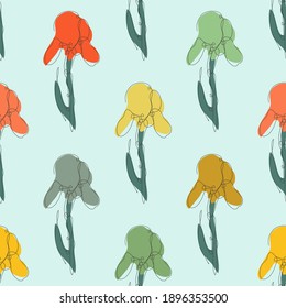 Elegant seamless pattern with iris flowers, design elements. Floral  pattern for invitations, cards, print, gift wrap, manufacturing, textile, fabric, wallpapers. Continuous line art style