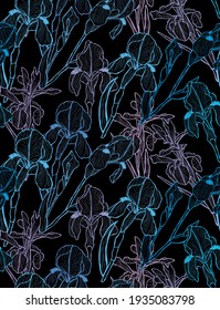 Elegantes, nahtloses Muster mit Irisblumen, Design-Elementen. Blumenmuster für Einladungen, Karten, Druck, Geschenkverpackungen, Herstellung, Textilien, Gewebe, Wallpaper