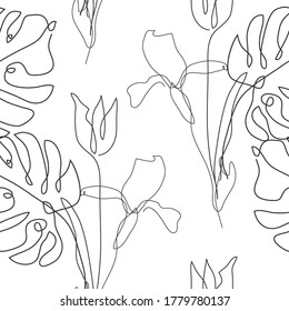 Elegant seamless pattern with iris, tulip, monstera, design elements. Floral  pattern for invitations, cards, print, gift wrap, manufacturing, textile, fabric, wallpapers. Continuous line art style