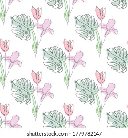 Elegantes, nahtloses Muster mit Iris, Tulpe, Monstera, Design-Elementen. Blumenmuster für Einladungen, Karten, Druck, Geschenkverpackung, Herstellung, Textilien, Gewebe, Wallpaper. Kunststil mit kontinuierlicher Linie