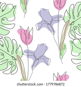Elegant seamless pattern with iris, tulip, monstera, design elements. Floral  pattern for invitations, cards, print, gift wrap, manufacturing, textile, fabric, wallpapers. Continuous line art style