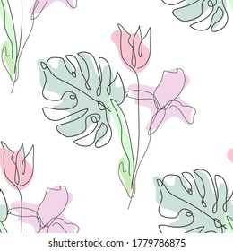 Elegante patrón sin fisuras con iris, tulipán, monstera, elementos de diseño. Patrón floral para invitaciones, tarjetas, impresiones, envoltura de regalo, manufactura, textiles, tela, papel pintado. Estilo de arte de línea continuo