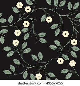 Elegant seamless pattern with ivory flowers and green leaves on black background can be used for wallpaper, tile, linen, pattern fills, surface textures and more creative designs