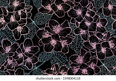 Elegant seamless pattern with jasmine flowers, design elements. Floral  pattern for invitations, cards, print, gift wrap, manufacturing, textile, fabric, wallpapers