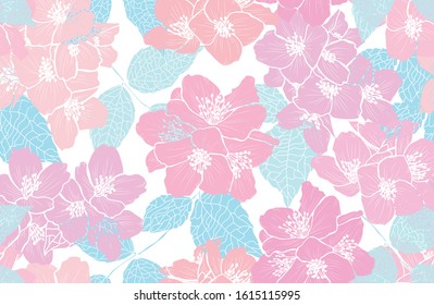 Elegant seamless pattern with jasmine flowers, design elements. Floral  pattern for invitations, cards, print, gift wrap, manufacturing, textile, fabric, wallpapers