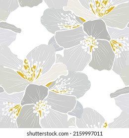 Elegant seamless pattern with jasmine flowers, design elements. Floral  pattern for invitations, cards, print, gift wrap, manufacturing, textile, fabric, wallpapers