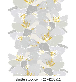 Elegantes, nahtloses Muster mit Jasminblumen, Designelementen. Blumenmuster für Einladungen, Karten, Druck, Geschenkverpackungen, Herstellung, Textilien, Gewebe, Wallpaper