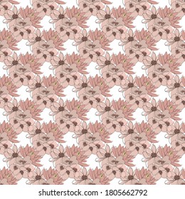 Diseño elegante y sin fisuras con elementos de diseño jazmín, loto, anémona. Patrón floral para invitaciones, tarjetas, impresiones, envoltura de regalo, manufactura, textiles, tela, papel pintado. Estilo de arte de línea continuo