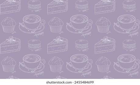 An elegant, seamless pattern of lavender themed sweet treats, including cakes, macarons, and a cupcake, with a cup of coffee, set against a purple lavender background for cafe, bakery