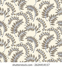 Elegante padrão sem emenda com motivos de folha em um fundo claro. Design botânico delicado com detalhes finos em tons neutros, perfeito para têxteis, embalagens, design de interiores e artigos de papelaria