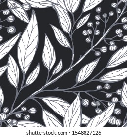 Elegant seamless pattern with leaves and berries, design elements. Floral  pattern for invitations, cards, print, gift wrap, manufacturing, textile, fabric, wallpapers