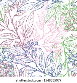 Elegant seamless pattern with leaves and berries, design elements. Floral  pattern for invitations, cards, print, gift wrap, manufacturing, textile, fabric, wallpapers
