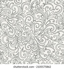 Elegant seamless pattern with leaves and curls. Luxury floral background. Anti stress coloring book for adult. Vector illustration.
