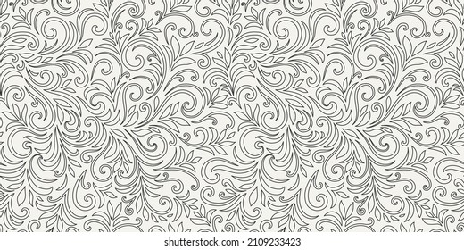 Patrón elegante y sin fisuras con hojas y rizos. Lujoso fondo floral. Libro de colorantes anti estrés para adultos. Ilustración vectorial.
