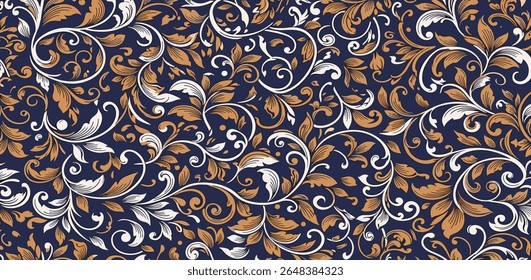 Elegante padrão sem emenda com folhas e cachos. Fundo floral de luxo. Ilustração vetorial