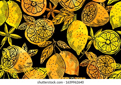 Elegant seamless pattern with lemon fruits, design elements. Fruit  pattern for invitations, cards, print, gift wrap, manufacturing, textile, fabric, wallpapers. Food, kitchen, vegetarian theme