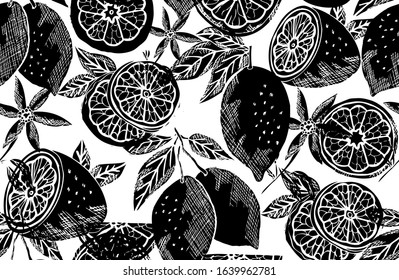 Elegant seamless pattern with lemon fruits, design elements. Fruit  pattern for invitations, cards, print, gift wrap, manufacturing, textile, fabric, wallpapers. Food, kitchen, vegetarian theme