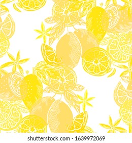 Elegant seamless pattern with lemon fruits, design elements. Fruit  pattern for invitations, cards, print, gift wrap, manufacturing, textile, fabric, wallpapers. Food, kitchen, vegetarian theme