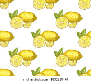 Elegant seamless pattern with lemon fruits, design elements. Fruit  pattern for invitations, cards, print, gift wrap, manufacturing, textile, fabric, wallpapers. Food, kitchen, vegetarian theme