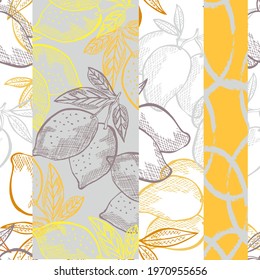 Elegant seamless pattern with lemon and mango, design elements. Fruit  pattern for invitations, cards, print, gift wrap, manufacturing, textile, fabric, wallpapers. Food, kitchen, vegetarian theme