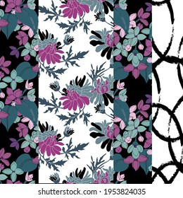 Elegante y sin fisuras con flores de lila y crisantemo, elementos de diseño. Patrón floral para invitaciones, tarjetas, impresiones, envolturas de regalo, manufactura, textiles, tejidos, papeles pintados
