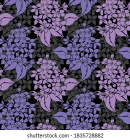 Elegantes, nahtloses Muster mit lila Blumen, Design-Elementen. Blumenmuster für Einladungen, Karten, Druck, Geschenkverpackungen, Herstellung, Textilien, Gewebe, Wallpaper