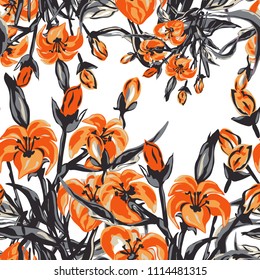 Elegant seamless pattern with lily flowers, design elements. Floral  pattern for invitations, cards, print, gift wrap, manufacturing, textile, fabric, wallpapers