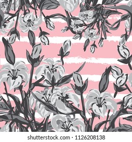Elegant seamless pattern with lily flowers, design elements. Floral  pattern for invitations, cards, print, gift wrap, manufacturing, textile, fabric, wallpapers