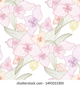 Elegant seamless pattern with lily flowers, design elements. Floral  pattern for invitations, cards, print, gift wrap, manufacturing, textile, fabric, wallpapers