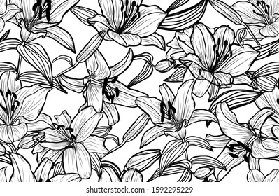 Elegant seamless pattern with lily flowers, design elements. Floral  pattern for invitations, cards, print, gift wrap, manufacturing, textile, fabric, wallpapers