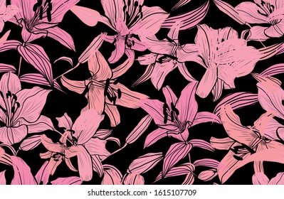 Elegant seamless pattern with lily flowers, design elements. Floral  pattern for invitations, cards, print, gift wrap, manufacturing, textile, fabric, wallpapers