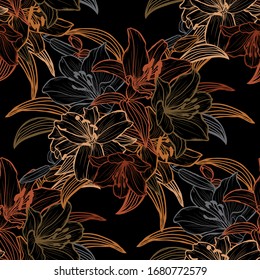 Elegant seamless pattern with lily flowers, design elements. Floral  pattern for invitations, cards, print, gift wrap, manufacturing, textile, fabric, wallpapers