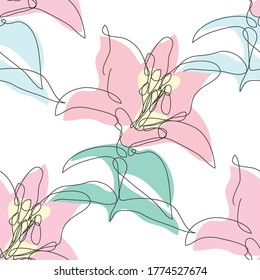 Elegant seamless pattern with lily flowers, design elements. Floral  pattern for invitations, cards, print, gift wrap, manufacturing, textile, fabric, wallpapers. Continuous line art style