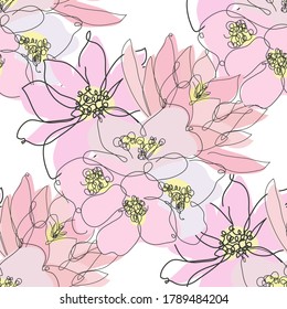 Elegant seamless pattern with lotus, anemone and jasmine, design elements. Floral  pattern for invitations, cards, print, gift wrap, manufacturing, textile, fabric, wallpapers. Continuous line 