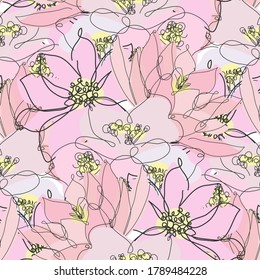 Elegant seamless pattern with lotus, anemone and jasmine, design elements. Floral  pattern for invitations, cards, print, gift wrap, manufacturing, textile, fabric, wallpapers. Continuous line 