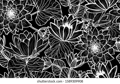 Elegant seamless pattern with lotus flowers, design elements. Floral  pattern for invitations, cards, print, gift wrap, manufacturing, textile, fabric, wallpapers