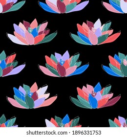 Elegant seamless pattern with lotus flowers, design elements. Floral  pattern for invitations, cards, print, gift wrap, manufacturing, textile, fabric, wallpapers. Continuous line art style