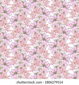 Elegant seamless pattern with lotus, jasmine, anemone, design elements. Floral  pattern for invitations, cards, print, gift wrap, manufacturing, textile, fabric, wallpapers. Continuous line art style