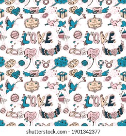 Elegant seamless pattern with love symbols, design elements. Valentines pattern for invitations, cards, print, gift wrap, manufacturing, textile, fabric, wallpapers