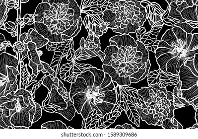 Elegant seamless pattern with malva flowers, design elements. Floral  pattern for invitations, cards, print, gift wrap, manufacturing, textile, fabric, wallpapers