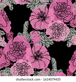 Elegant seamless pattern with malva flowers, design elements. Floral  pattern for invitations, cards, print, gift wrap, manufacturing, textile, fabric, wallpapers
