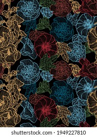 Elegant seamless pattern with malva flowers, design elements. Floral  pattern for invitations, cards, print, gift wrap, manufacturing, textile, fabric, wallpapers