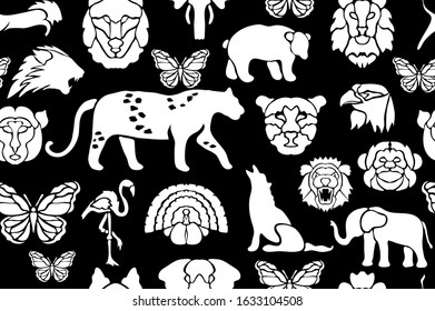 Elegant seamless pattern with mammals, reptiles, birds, fishes and insects, design elements. Fauna  pattern for invitations, cards, print, gift wrap, manufacturing, textile, fabric, wallpapers